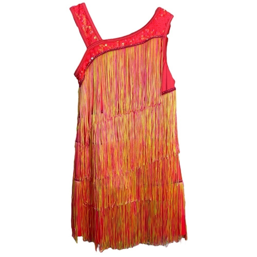 Weissman Bright Fringe Dance Costume Girls XLC 16/18 Pink Bodysuit Leotard GUC